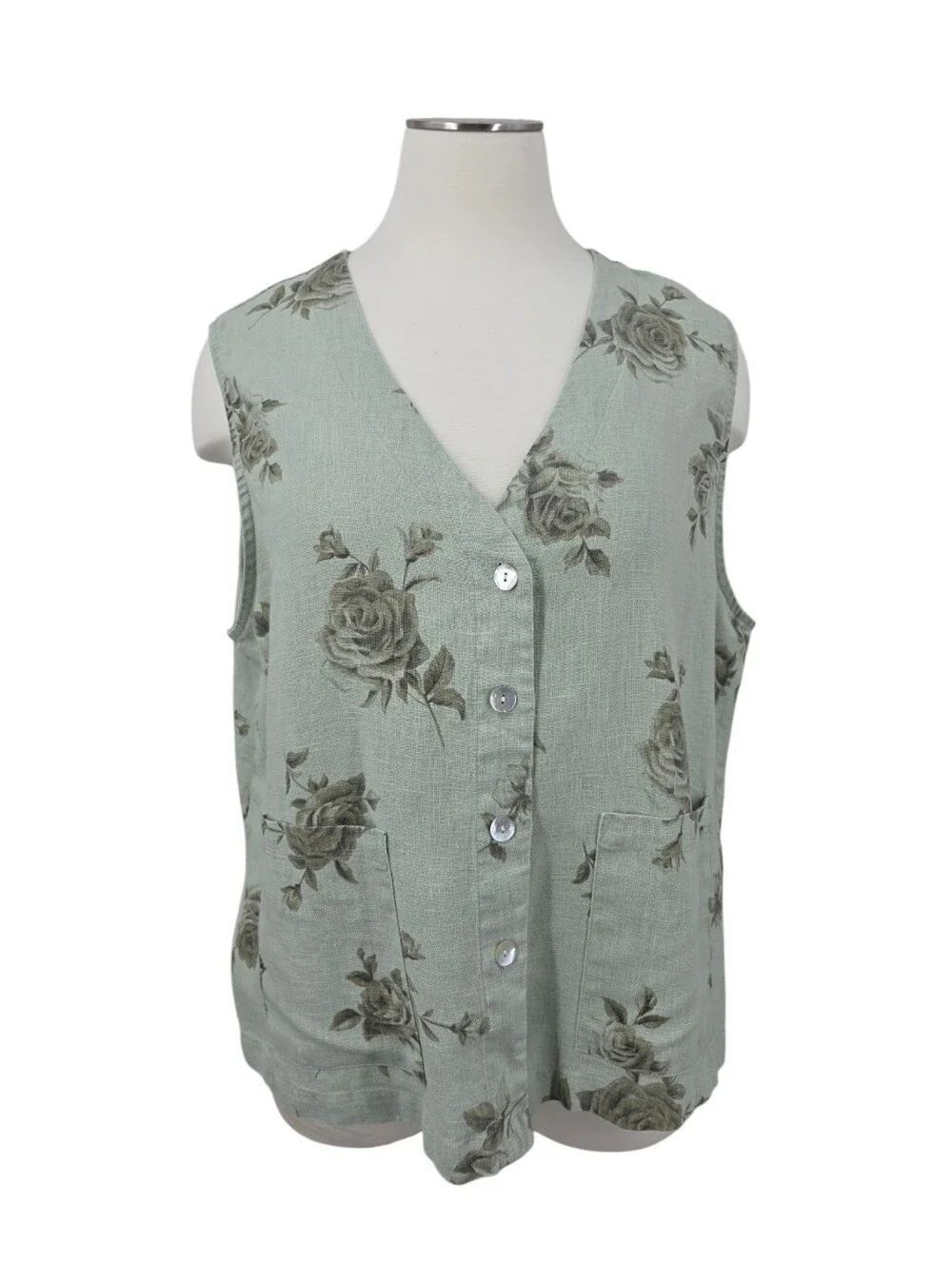 Vintage Linen Sleeveless Sage Green Floral Button-Front Vest Sleeveless Top